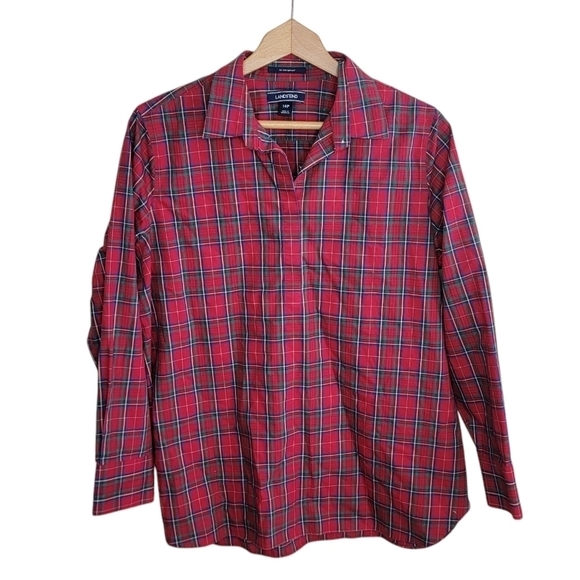 Lands' End Tops - Lands' End | Red Plaid Petite Popover Shirt in No-Iron Supima Cotton Size 14P